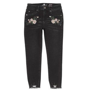 NWT 7 For All Mankind The Ankle Skinny Jeans Embroidered Chewed Hem Vintage Noir